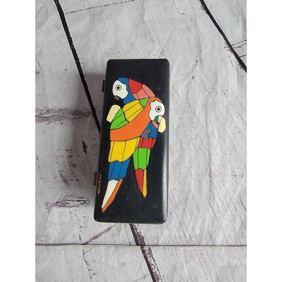 Wooden Hand Painted Trinket Box With Parrot, Flowers & Leaves Design 4in x 1in - Picture 1 of 9